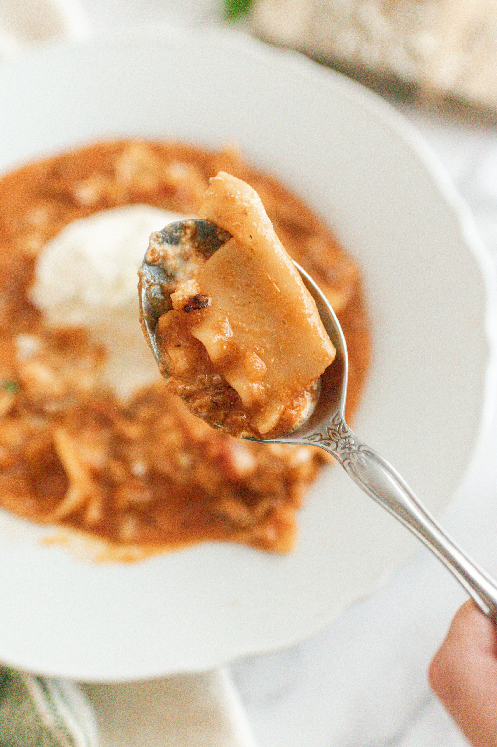 A close-up of a spoon holding a bite of lasagna with melted cheese, sauce, and pasta, with a plate of lasagna and a serving of ricotta in the blurred background.