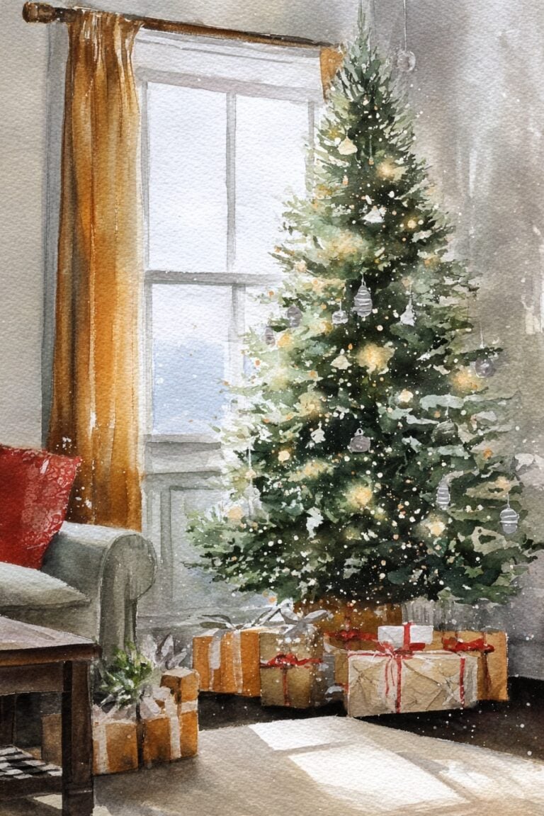A decorated Christmas tree with lights and ornaments stands by a sunlit window, surrounded by wrapped gifts. A green sofa with a red pillow and a wooden table are nearby, creating a cozy holiday atmosphere.