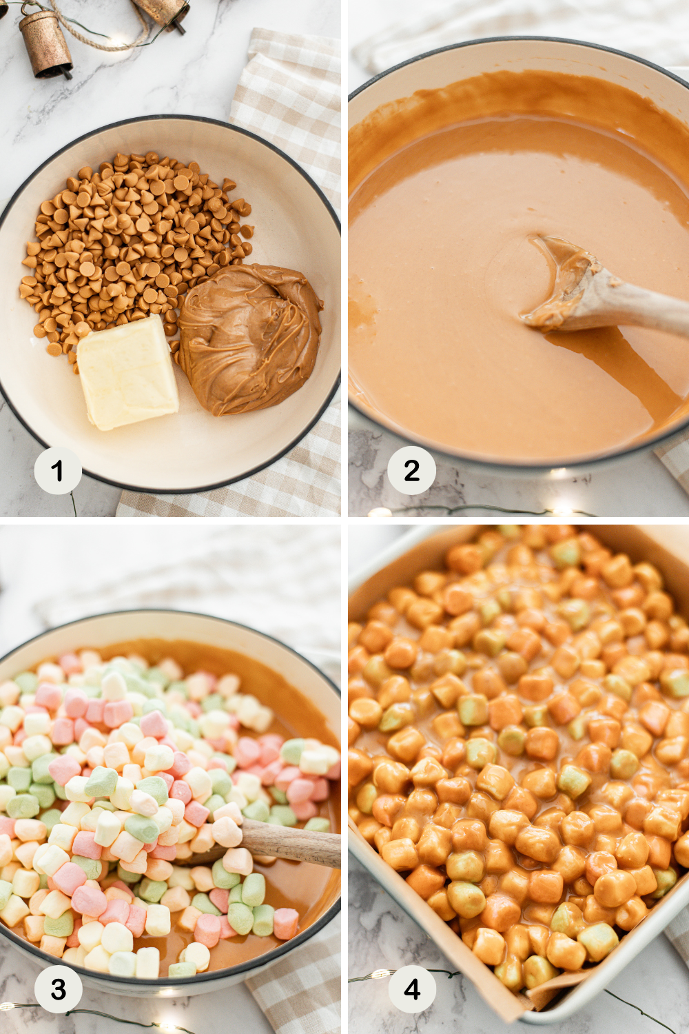 Four-step collage showing a recipe: 1) Peanut butter, butterscotch chips, and butter in a bowl. 2) Ingredients melted and mixed smooth. 3) Colorful mini marshmallows added. 4) Mixture spread in a pan with marshmallows visible.