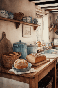 A cozy rustic kitchen with wooden shelves, blue pots, baskets of bread, and a wooden table. Freshly baked bread sits on a tray, sunlight streams in through a window, and vintage kitchenware decorates the space.