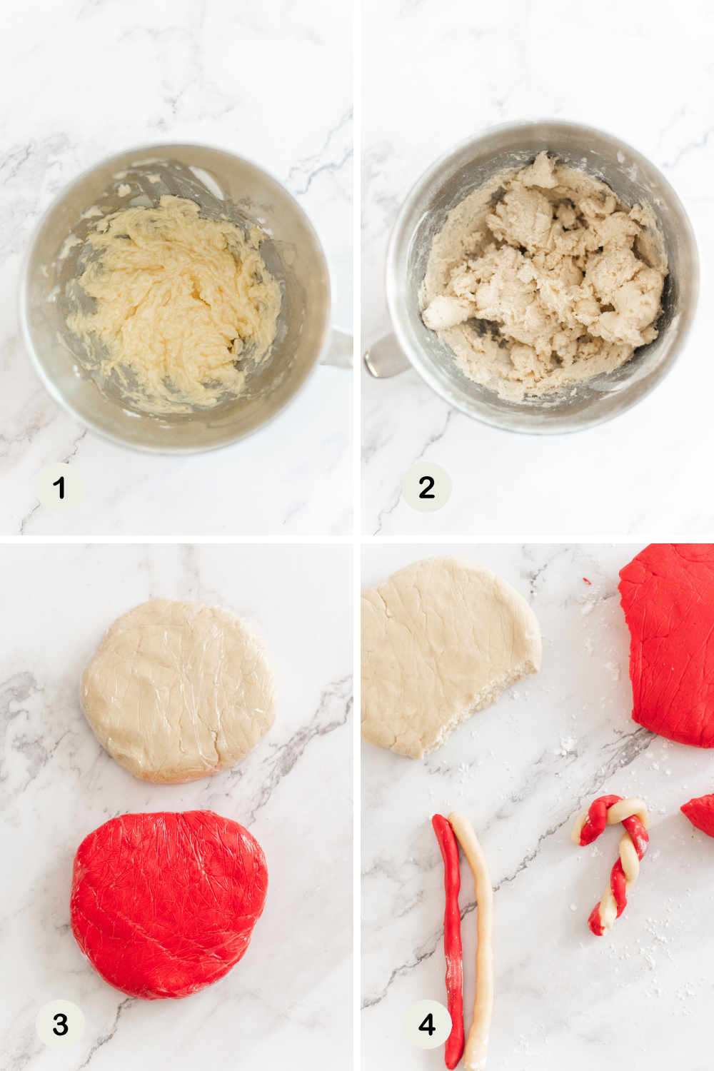 Four-step collage showing cookie dough in a bowl being mixed, divided into two portions, one plain and one red, shaped into discs, and then rolled into ropes and twisted together to form candy cane shapes.