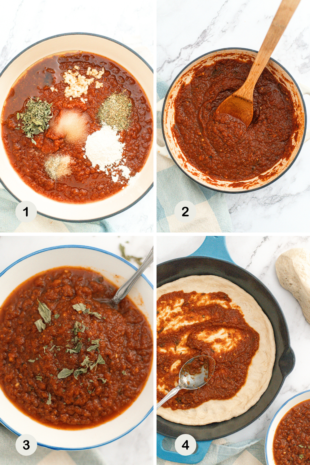 Four-step collage showing pizza sauce being made: (1) ingredients in a bowl, (2) mixed into a sauce, (3) garnished with herbs, and (4) spread onto pizza dough in a skillet with a spoon.