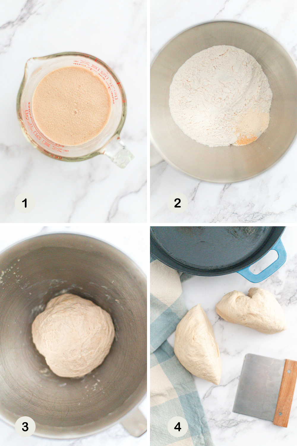 Four steps of bread making: 1) Measuring cup with foamy yeast mixture. 2) Mixing bowl with flour and salt. 3) Dough ball in a metal bowl. 4) Dough divided into two pieces on a counter next to a bench scraper and a Dutch oven.