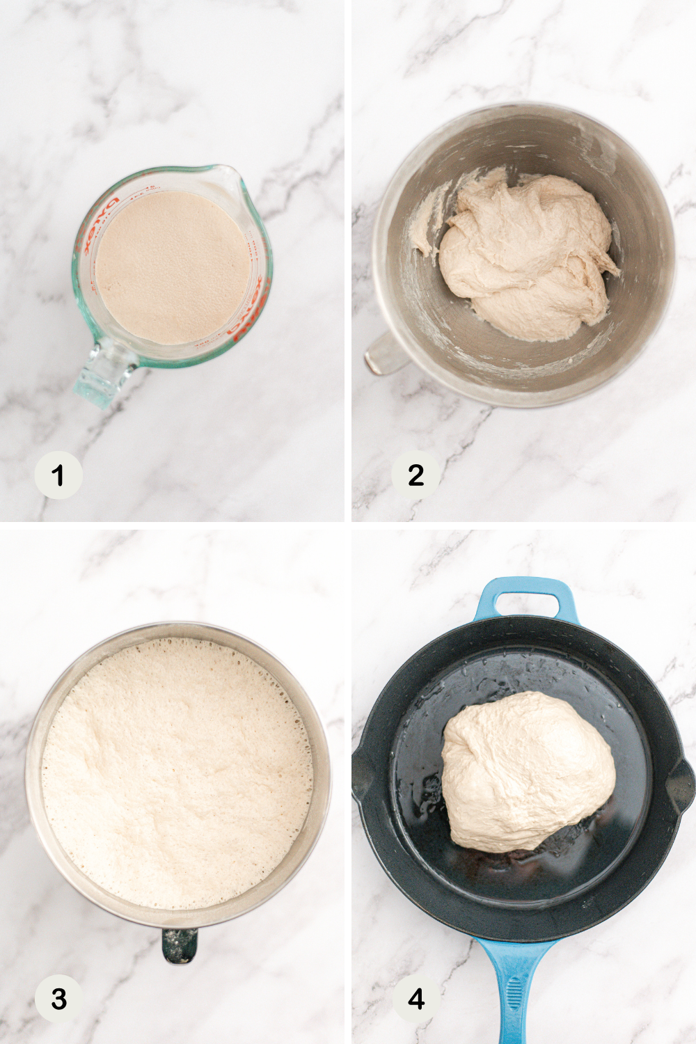 A four-step collage showing bread dough preparation: 1) Yeast in a glass measuring cup, 2) Mixed dough in a metal bowl, 3) Dough risen in the bowl, 4) Dough placed in a cast iron skillet.