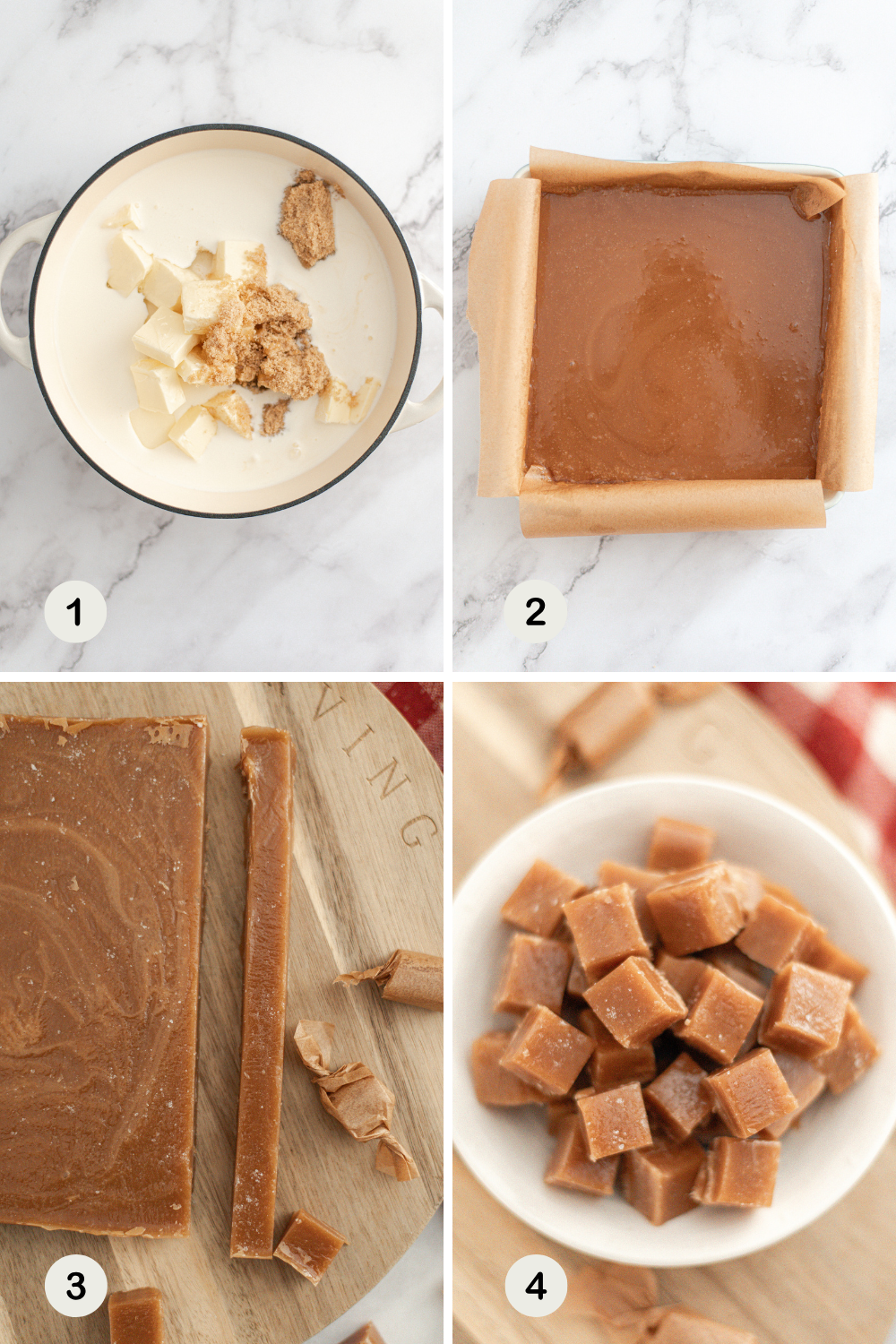 A four-step collage shows the process of making homemade salted caramel fudge: melting ingredients in a pot, pouring the mixture into a lined pan, slicing the set fudge, and serving cut fudge pieces in a bowl.