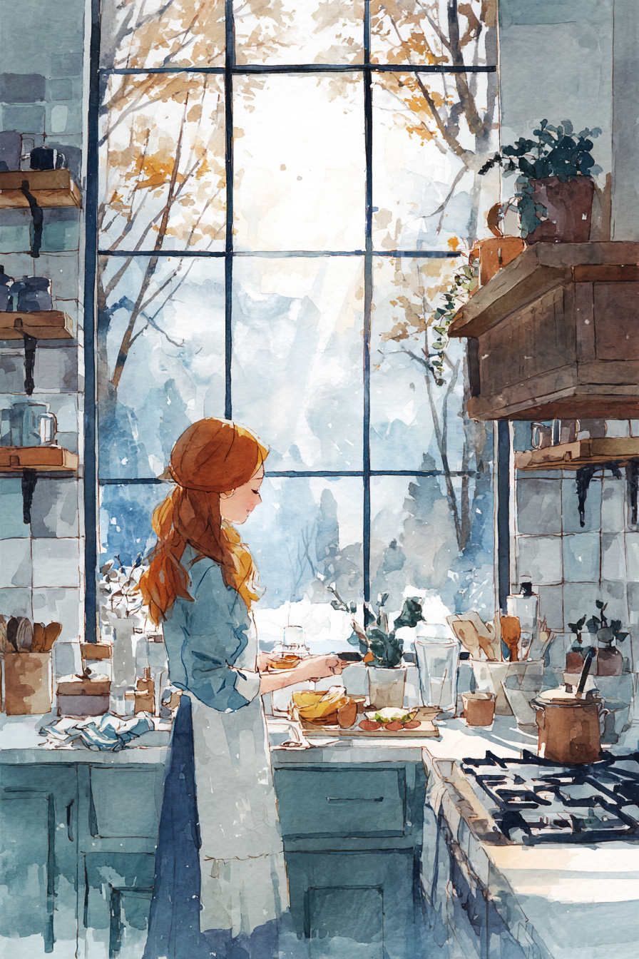 A woman with long red hair stands in a cozy, sunlit kitchen, preparing food near a large window with trees outside. Potted plants and kitchen utensils fill the bright, inviting space.