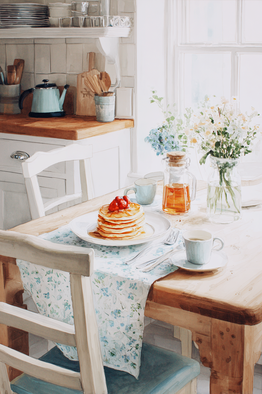 A cozy, sunlit kitchen with a wooden table set for breakfast, featuring a stack of pancakes topped with berries, cups, a syrup jar, and vases of fresh flowers near a bright window.