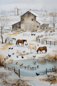 A snowy farm scene with horses grazing, chickens and ducks near a pond, and a large barn in the background. Silos and fenced pastures are visible, and snow covers the ground and rooftops.