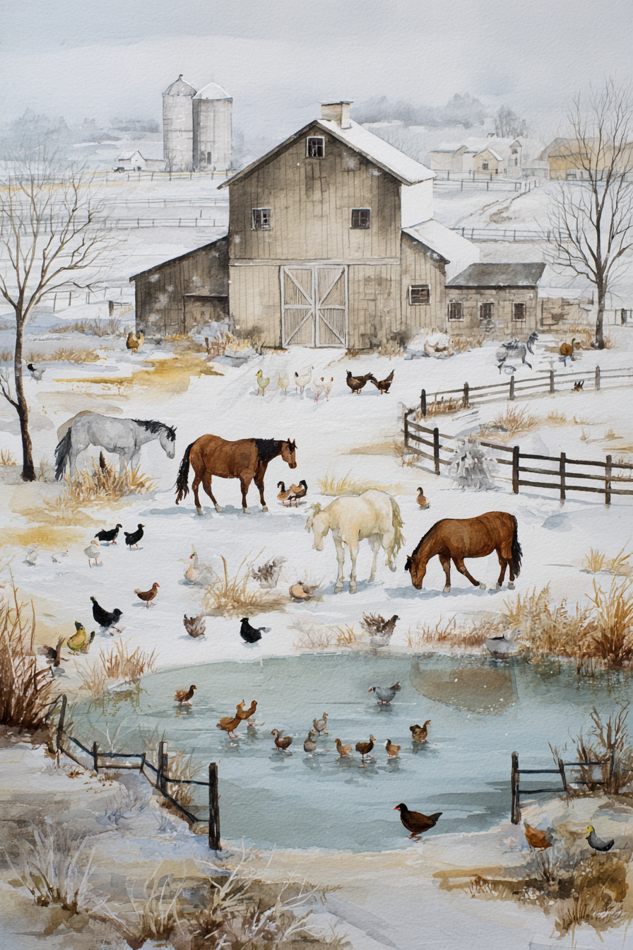A snowy farm scene with horses grazing, chickens and ducks near a pond, and a large barn in the background. Silos and fenced pastures are visible, and snow covers the ground and rooftops.
