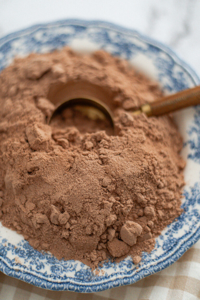 A blue and white patterned plate filled with a mound of cocoa powder, perfect for crafting Homemade Hot Chocolate Mix. A brass measuring spoon is partially buried in the powder, set against a soft, neutral checkered cloth background.