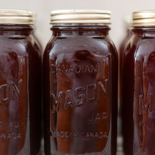 Three mason jars filled with dark brown liquid, possibly homemade grape juice, are lined up on a green and white checkered surface. The gold lids and “CANADIAN MASON” embossed on the glass hint at learning how to make and can grape juice at home.