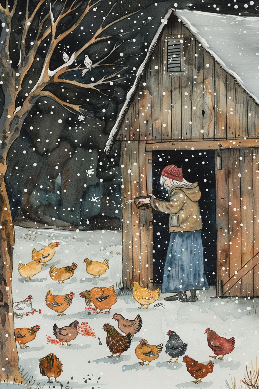 A person in a red hat and winter coat feeds chickens outside a wooden barn on a snowy day, while snowflakes fall and birds perch in a tree nearby.