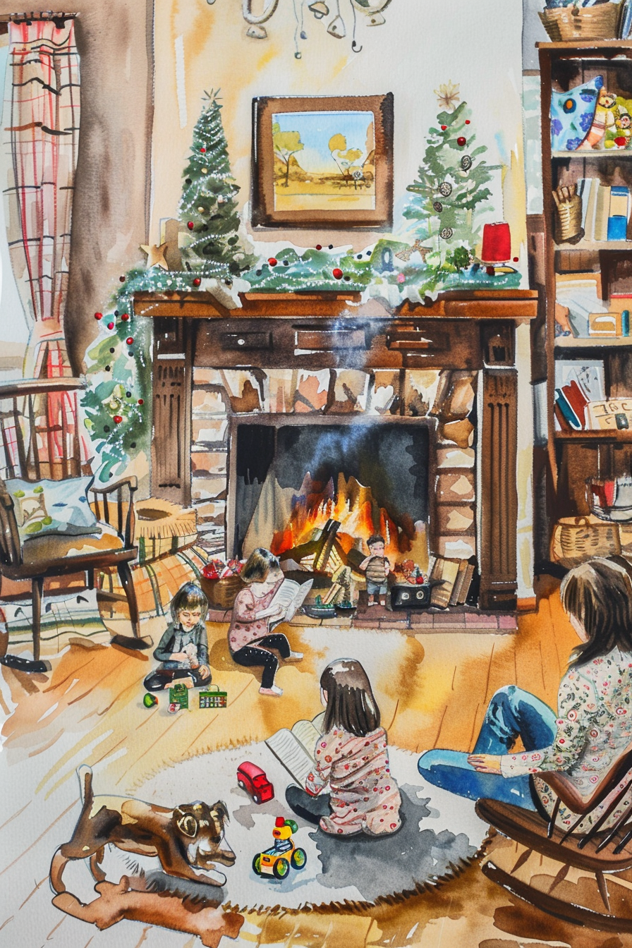 A cozy living room with a lit fireplace, decorated for Christmas. Three children play and read on the floor, a woman sits in a rocking chair, and a dog lies nearby. Wrapped gifts, toys, and books are scattered around.