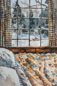 A cozy bed with a colorful patchwork quilt sits by a large window with plaid curtains, overlooking a snowy winter landscape with trees and a fence outside.