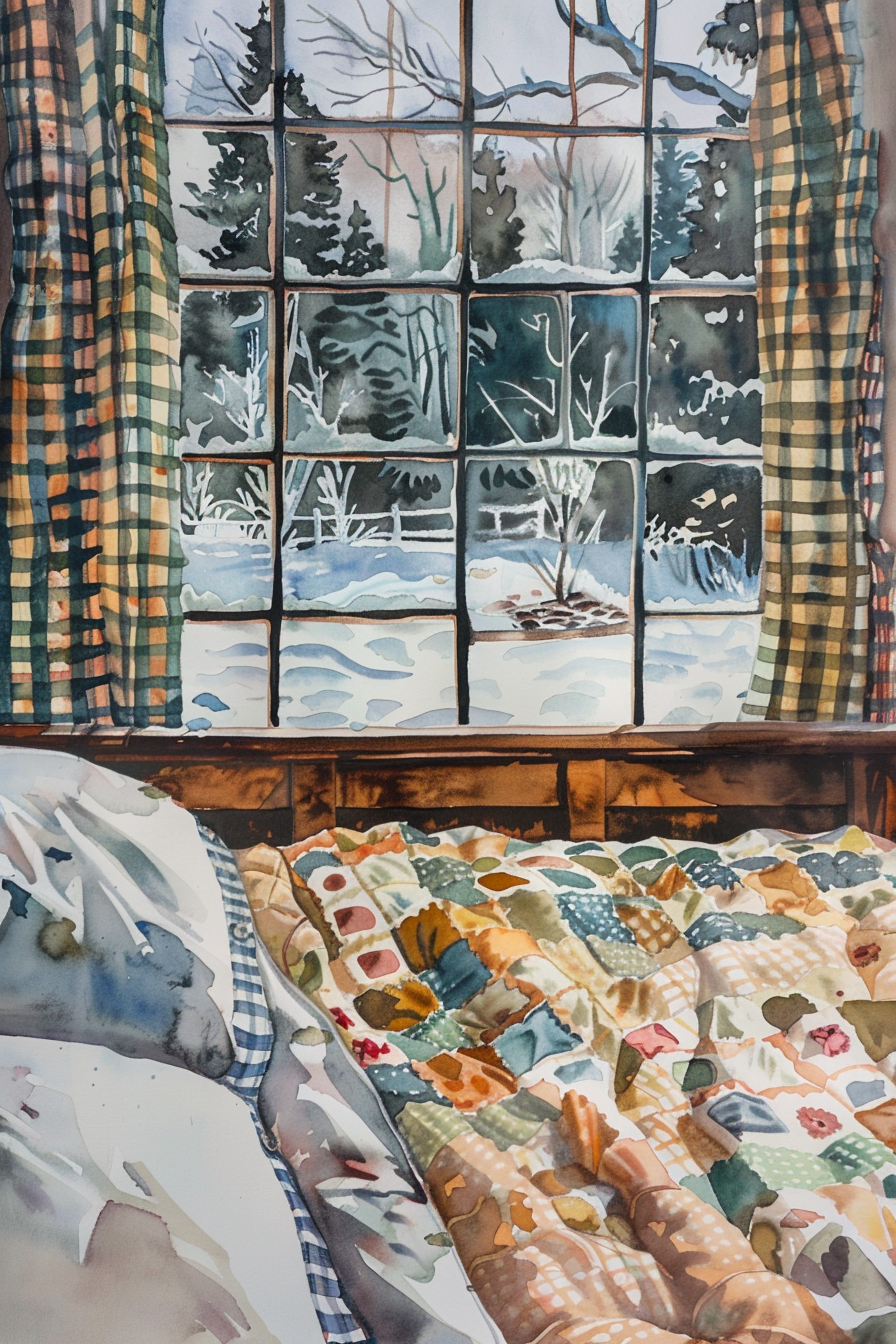 A cozy bed with a colorful patchwork quilt sits by a large window with plaid curtains, overlooking a snowy winter landscape with trees and a fence outside.