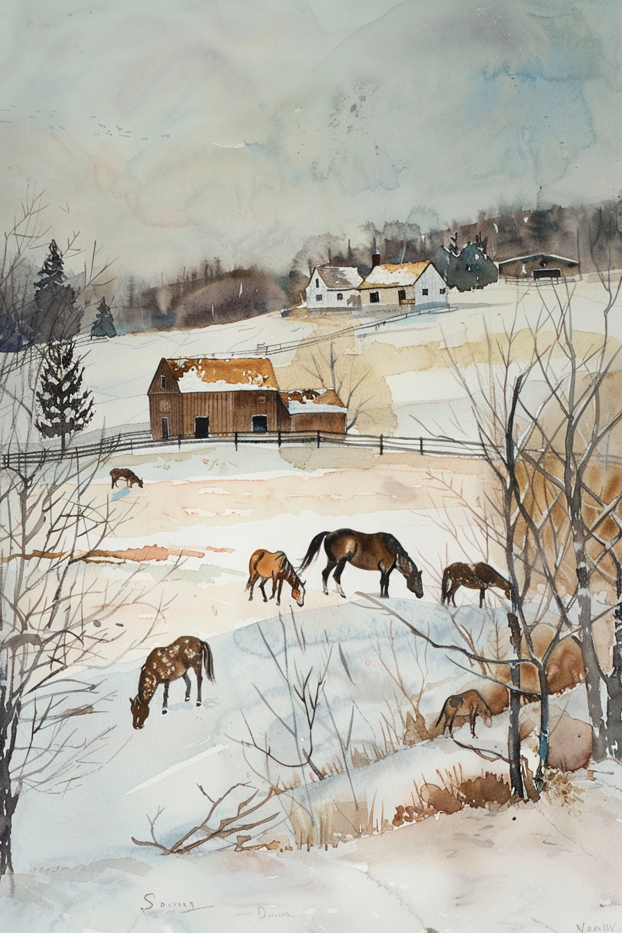 A winter farm scene with snow-covered fields, grazing horses, bare trees, a wooden barn, and a few white farmhouses in the background under a cloudy sky.