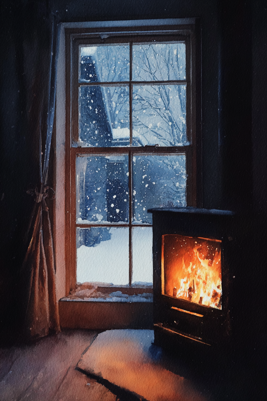 A cozy room with a wood-burning stove glowing beside a window, while snow falls gently outside, covering trees and rooftops in a wintery scene.