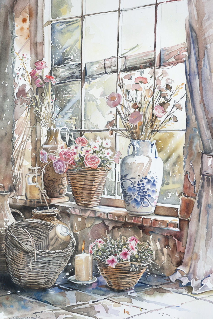 A sunlit window with pink flowers in baskets and a blue-white vase on the sill, beside a glowing candle and empty basket, with curtains partially drawn and sunlight streaming in.
