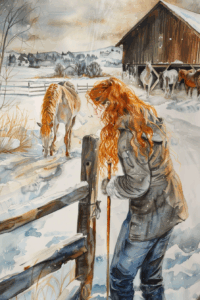 A woman with long red hair and a brown coat leans on a wooden fence in a snowy field, watching a horse graze while other horses stand near a barn under a cloudy, winter sky.