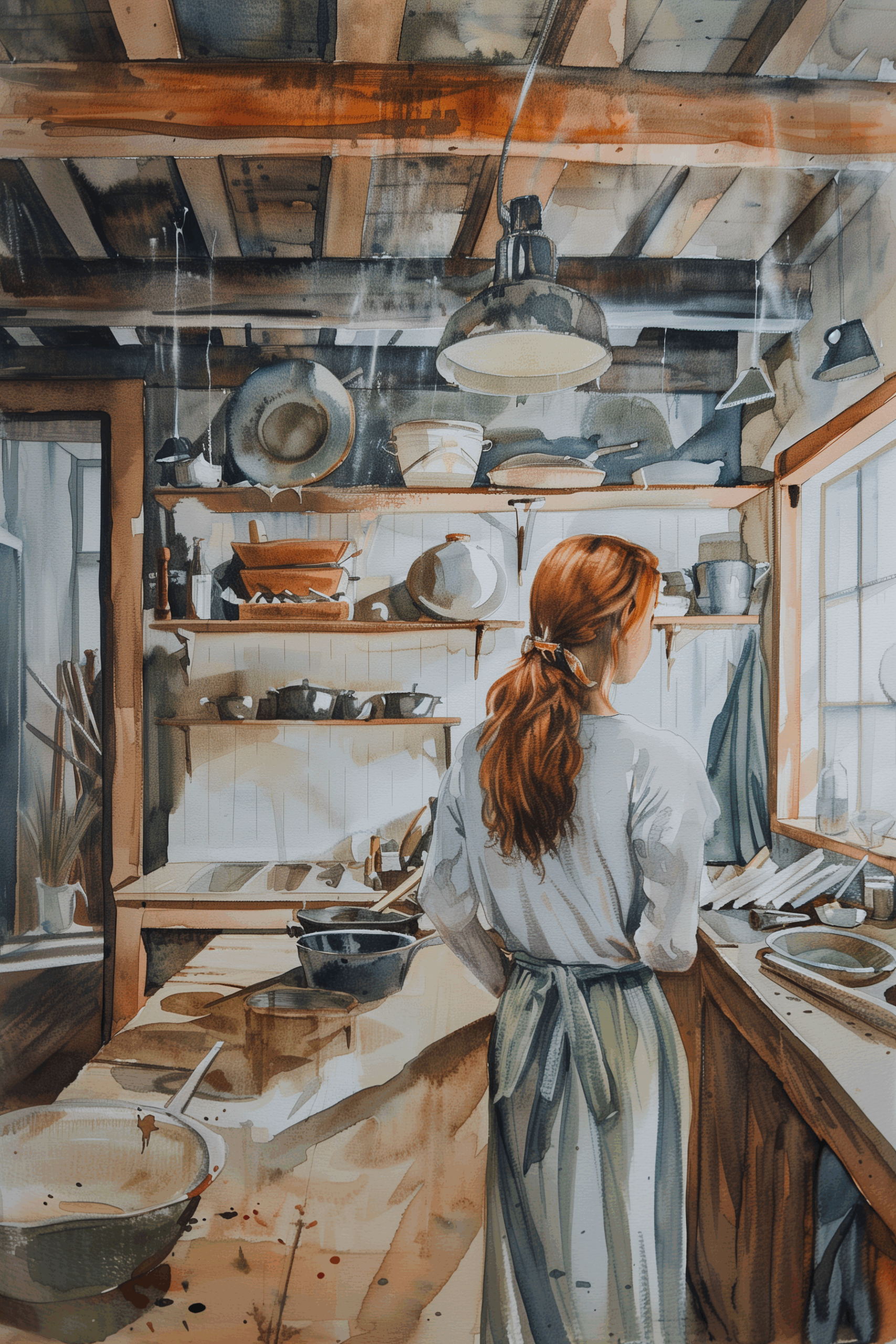 A woman with red hair in a ponytail, wearing a white shirt and apron, stands in a rustic kitchen with wooden shelves, looking out a sunlit window. Various bowls and kitchenware are arranged on the shelves.