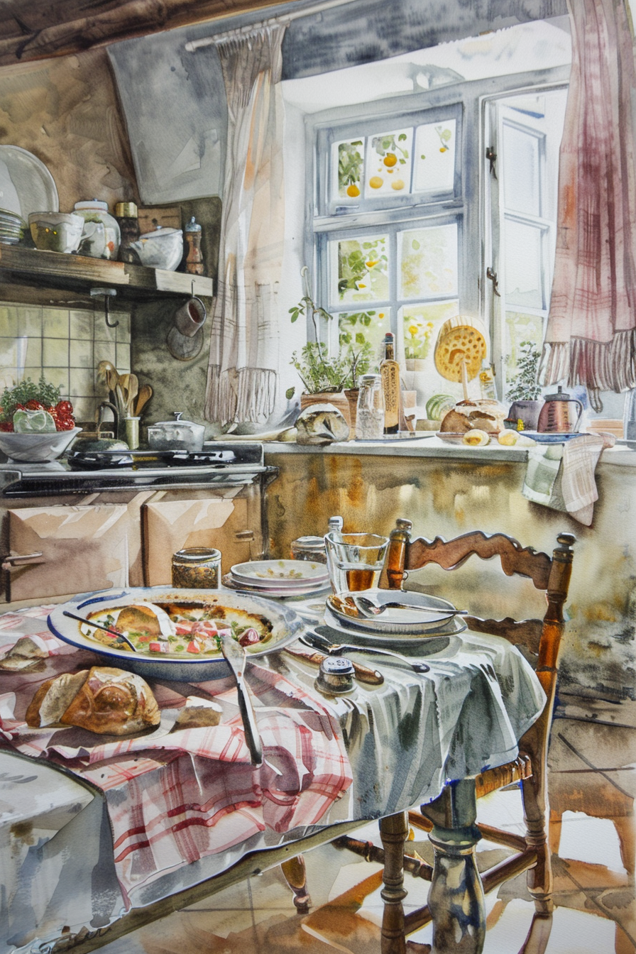 A cozy rustic kitchen with sunlight streaming through an open window. A table set for two holds plates of food, bread, and drinks. The room has shelves with crockery, curtains, and a warm, inviting atmosphere.