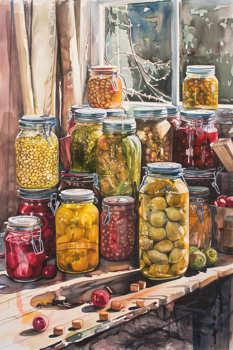 Jars of brightly colored pickled vegetables and fruits are stacked on a rustic wooden table near a sunlit window with frosty glass. A few apples and cork lids are scattered around the jars.