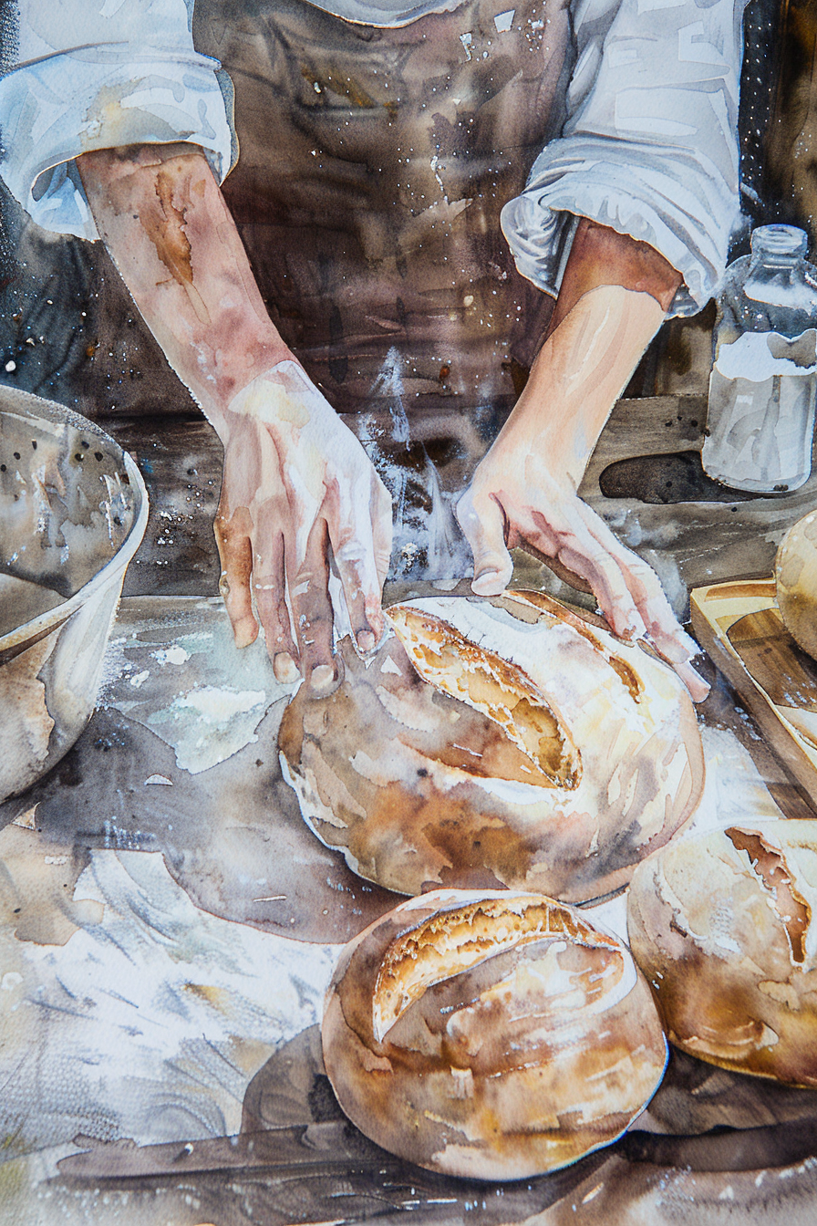 A person in a white shirt and brown apron uses their hands to score freshly baked round loaves of bread on a floured wooden surface with bowls and a jar nearby. Steam rises from the bread.