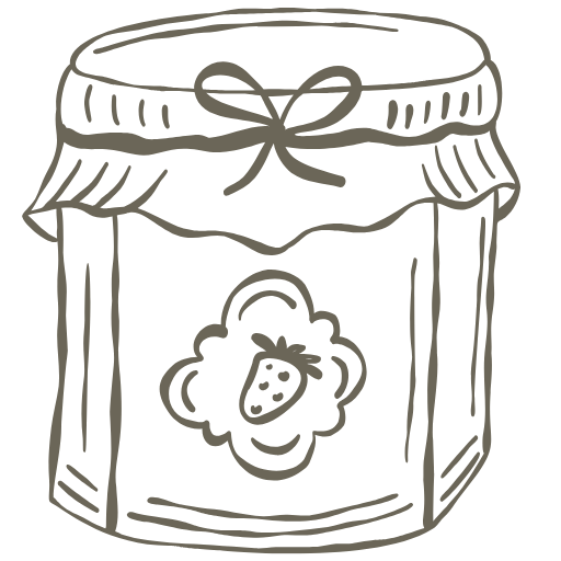 A simple line drawing of a jar with a fabric cover tied with a bow. The jar has a label with a strawberry illustration, suggesting it contains strawberry jam or preserves.