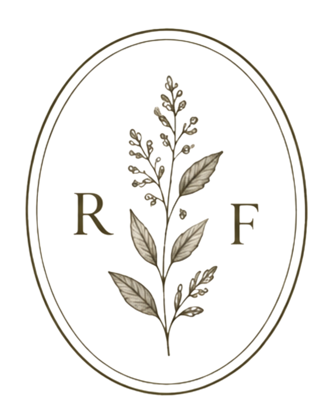 A logo featuring the letters R and F on either side of a central botanical illustration, all enclosed within a brown oval frame.